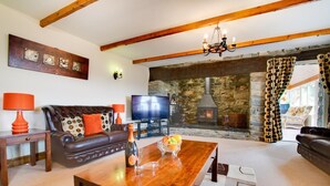 A cozy living room with a stone fireplace, a leather sofa, a wooden coffee table, and a television. - 5 Bed in Aberystwyth (oc-wan443) (Llanfarian)