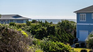 Ein Küstengrundstück mit zwei blauen Häusern, üppiger Vegetation und Blick auf das Meer.