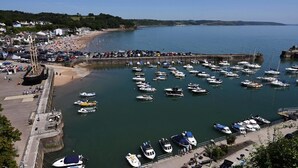 Uma marina com barcos atracados, uma praia com pessoas e casas ao fundo.