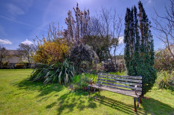 Un banco en un jardín con diversas plantas y árboles.