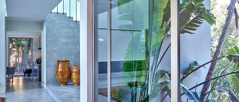 Un interior moderno con pared de vidrio, escalera y plantas grandes en macetas.