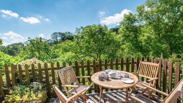 Une terrasse en bois avec une table ronde et des chaises, entourée d’une clôture en bois, et offrant une vue sur une forêt verdoyante.