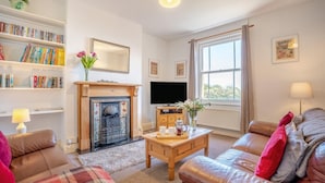 A living room with a fireplace, bookshelves, a television, and a sofa. - 3 Bed in Whitby (oc-r565) (Robin Hood's Bay)