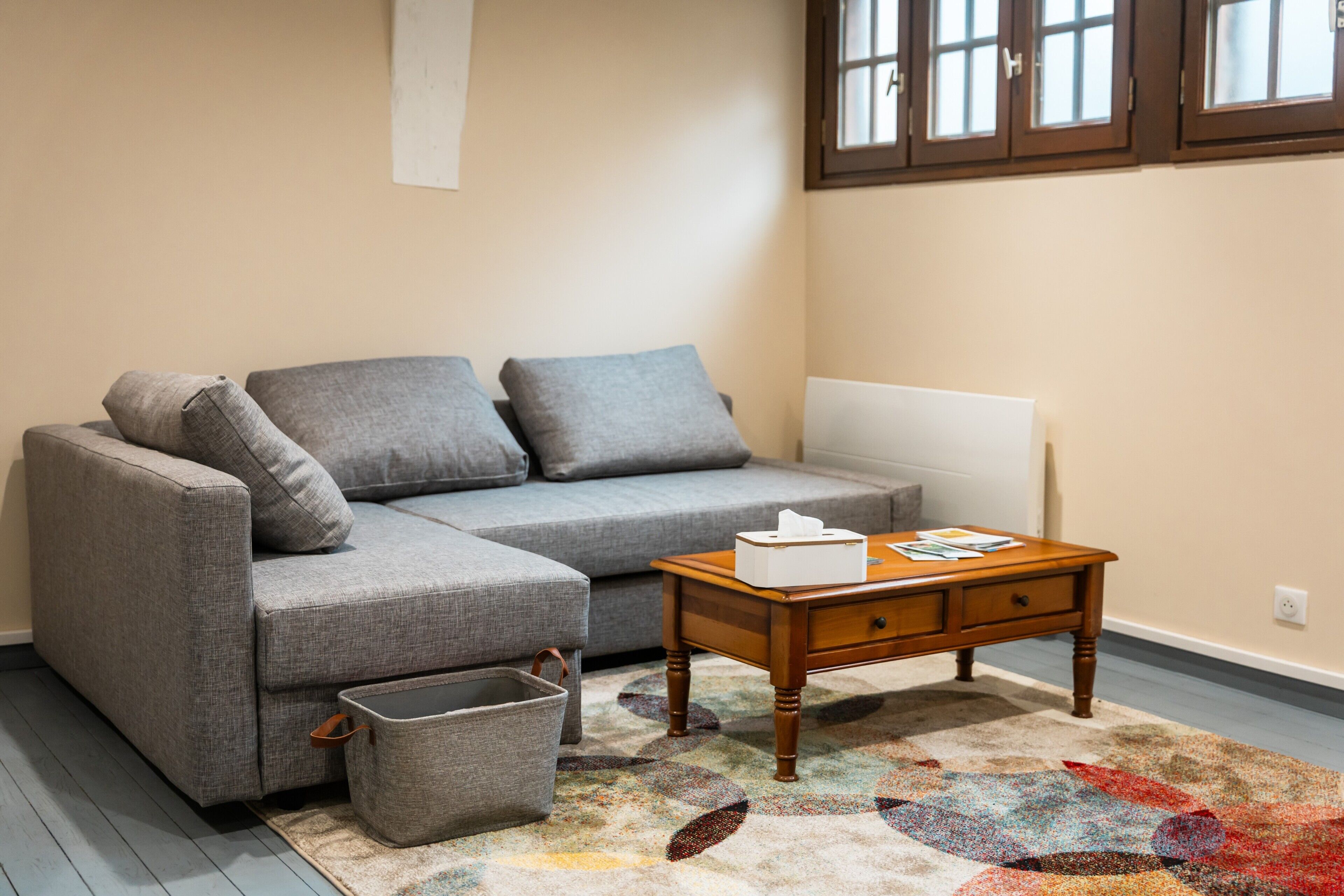 A living room with a grey sofa, a wooden coffee table, a patterned rug, and a grey storage basket.