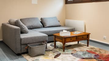 A living room with a grey sofa, a wooden coffee table, a patterned rug, and a grey storage basket.