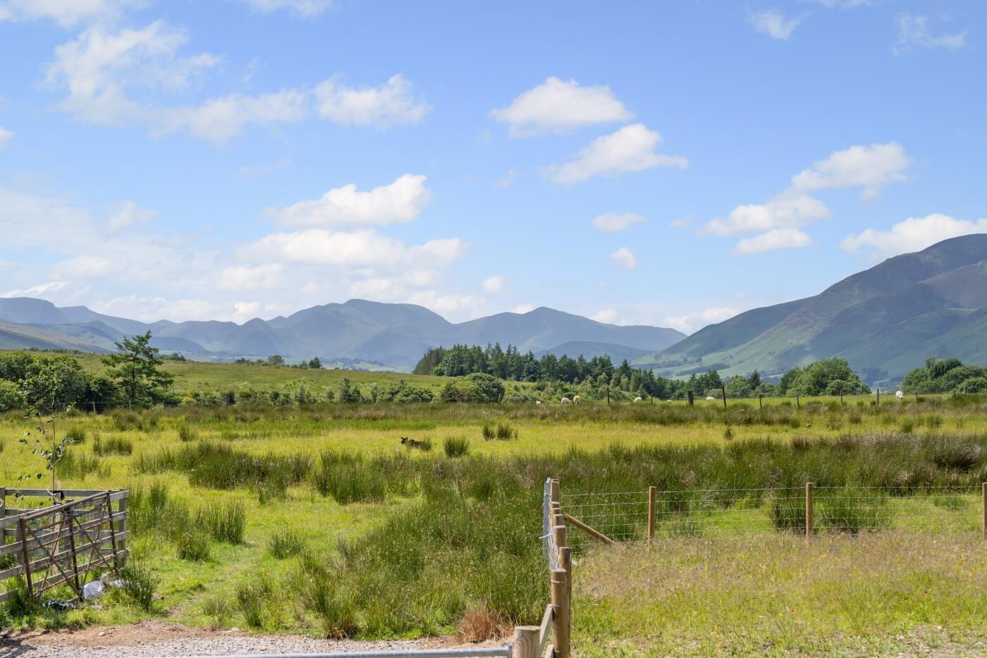 A rural landscape with a grassy field, mountains in the background, and a wooden fence.