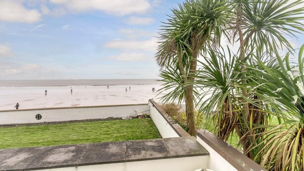 Vista sulla spiaggia da un balcone, con palme e una zona verde.