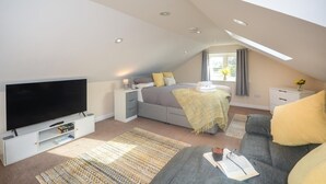 Een moderne slaapkamer met een televisie, een bed, een bank en een raam.