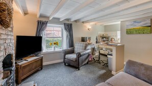 Een gezellige woonkamer met een open haard, een televisie, een comfortabele bank en een keukenhoek met een eettafel en stoelen.