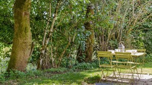 Une table et des chaises sont installées dans un espace boisé, à proximité d’un grand arbre.