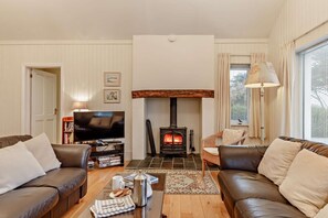 A living room with a fireplace, sofas, a television, and a bookshelf. - 5 Bed in Padstow (oc-p00051) (Constantine Bay)