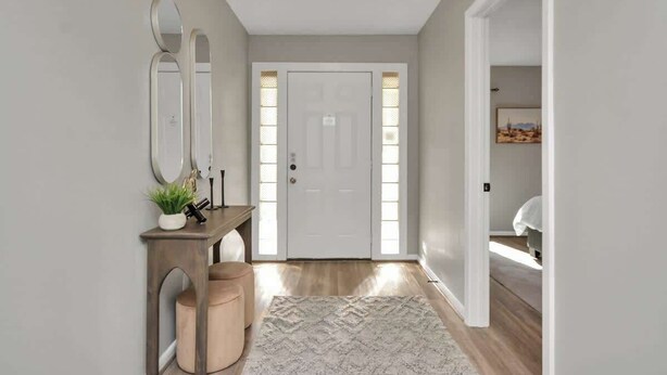 A hallway with a white door, a small table with a plant, and a patterned rug. - 4 BR Luxury Home in Friendswood (Friendswood)
