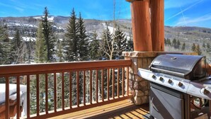 En balkon med en sten grill og udsigt over et sneklædt bjerglandskab.