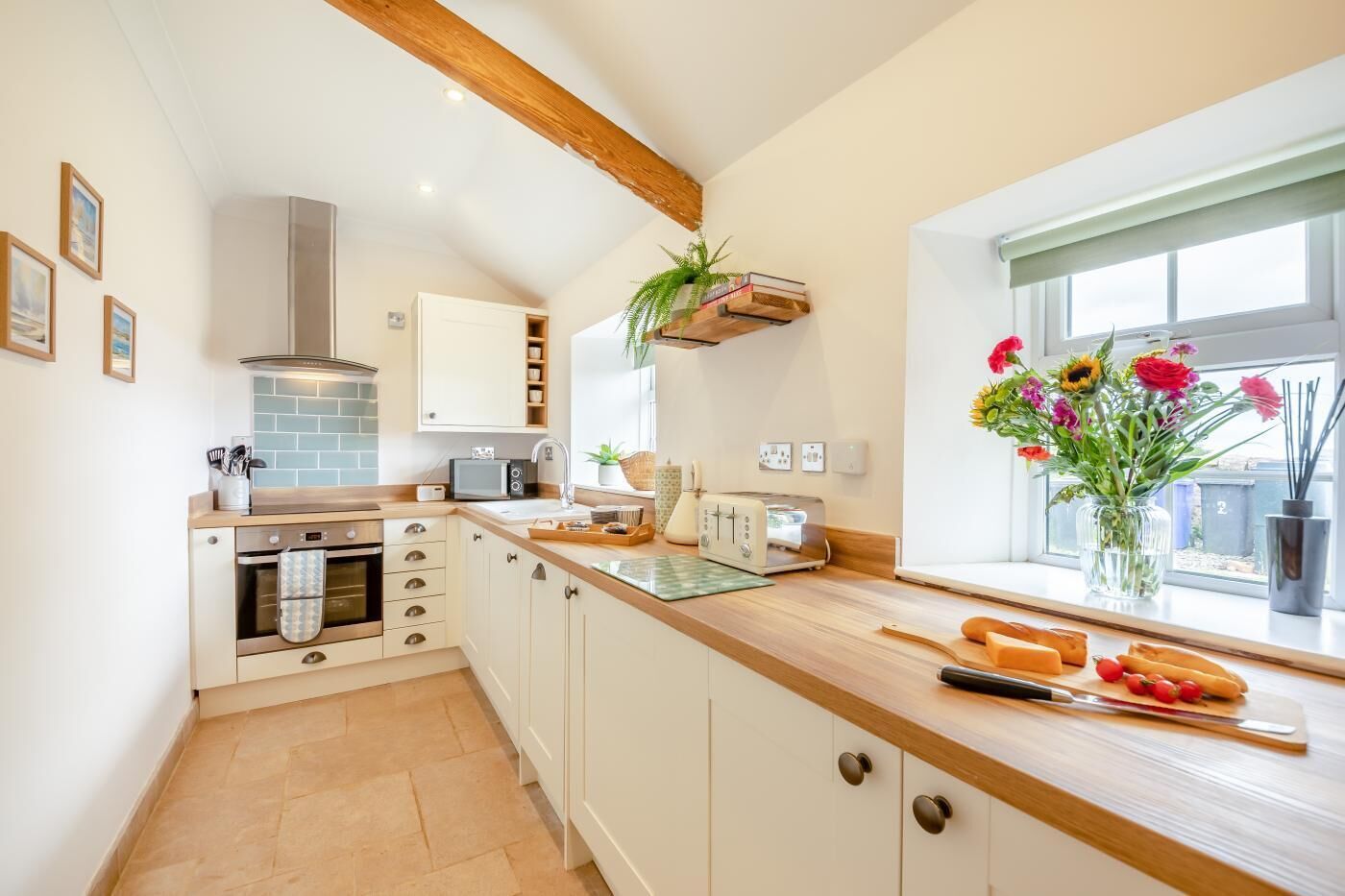 Oven, dishwasher, high chair, cookware/dishes/utensils