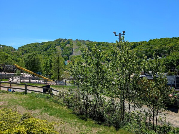 A rural landscape with a clear sky, green hills, and a small building.