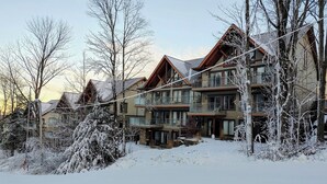 Una cabaña de varios pisos con un paisaje nevado, destacando un imponente frente de madera y varios balcones.