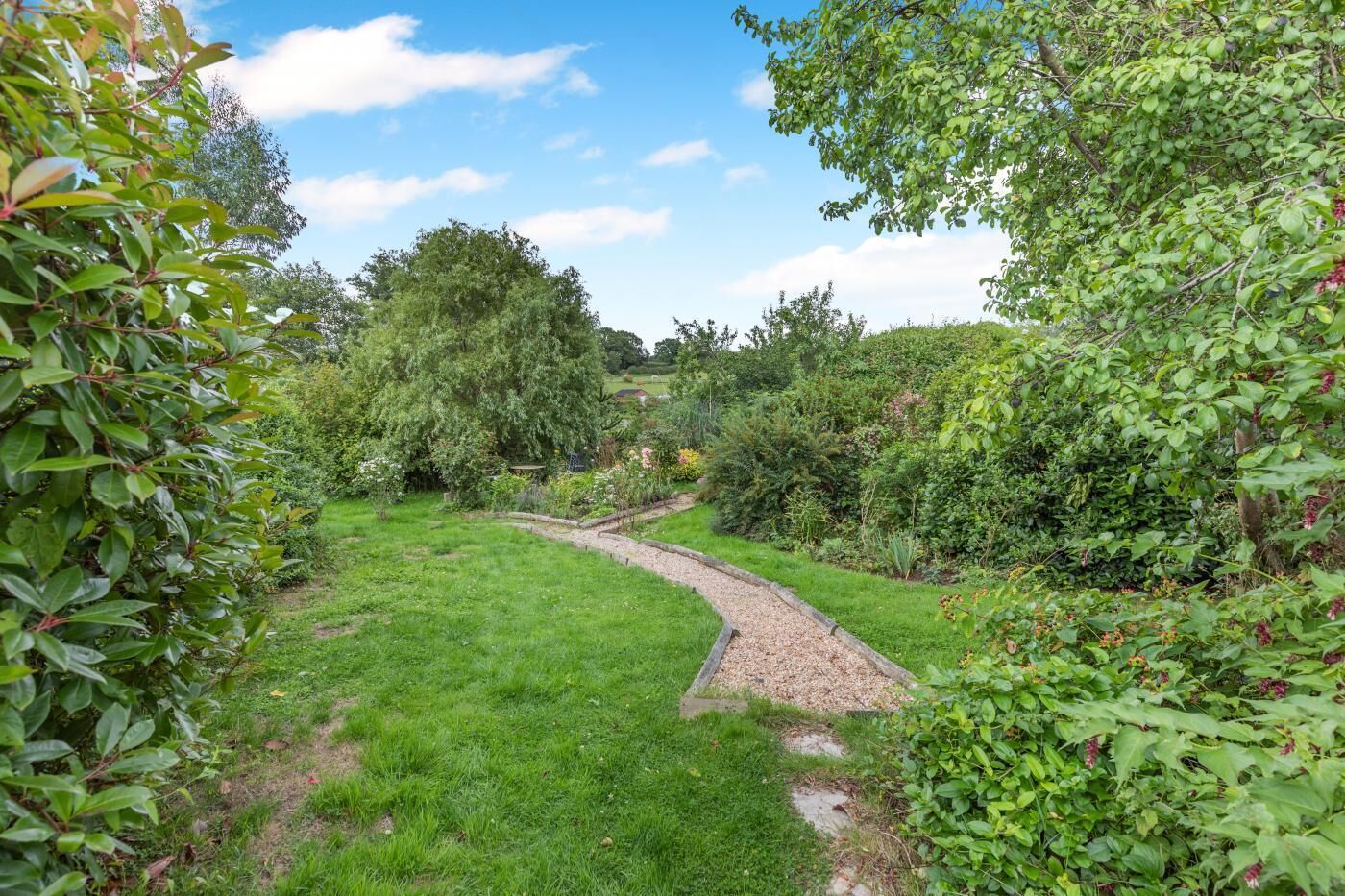 Ein Garten mit Kiesweg, üppiger Vegetation und verschiedenen Pflanzen.