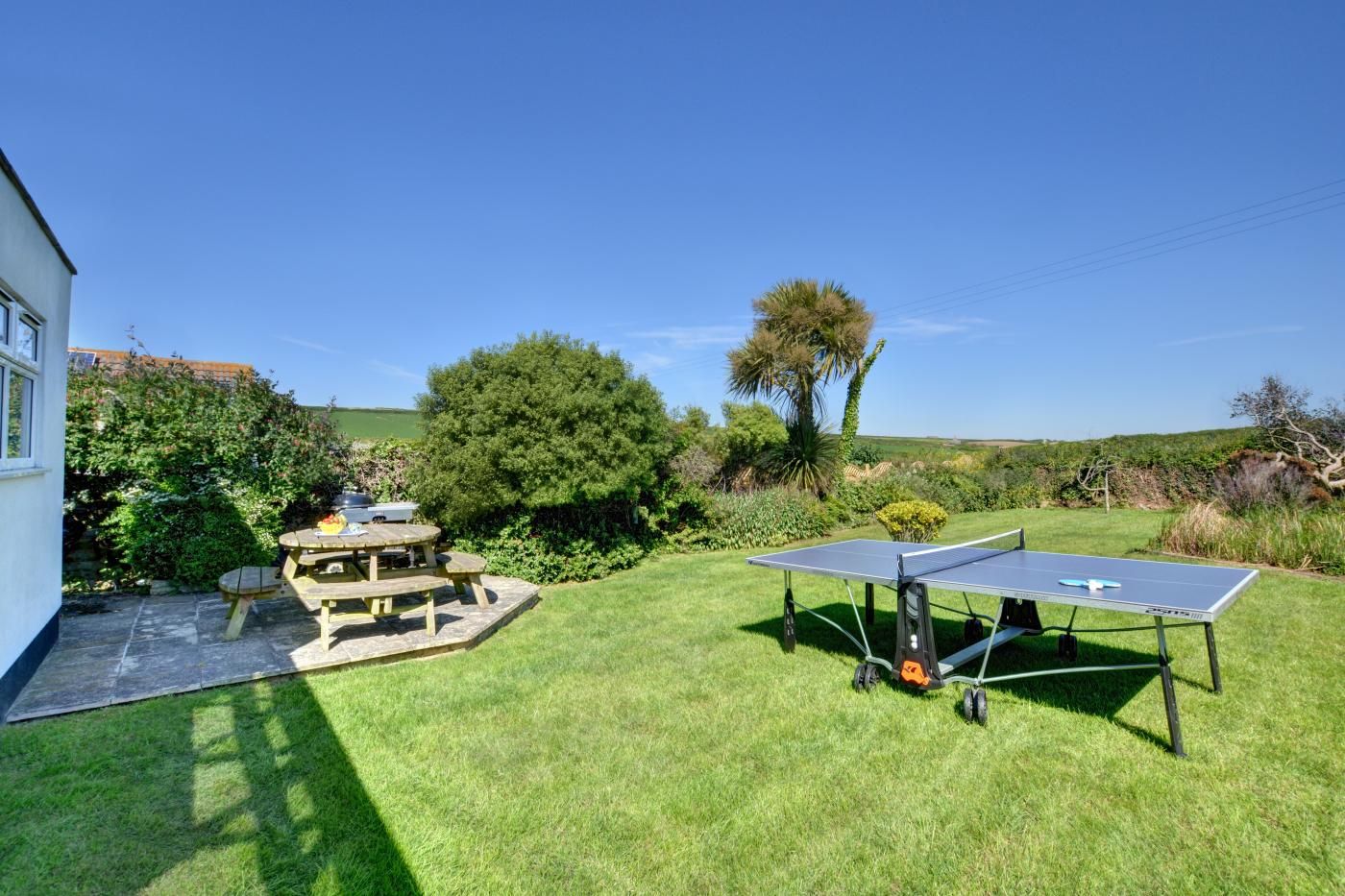 A backyard with a ping pong table, a picnic table, and a barbecue grill.