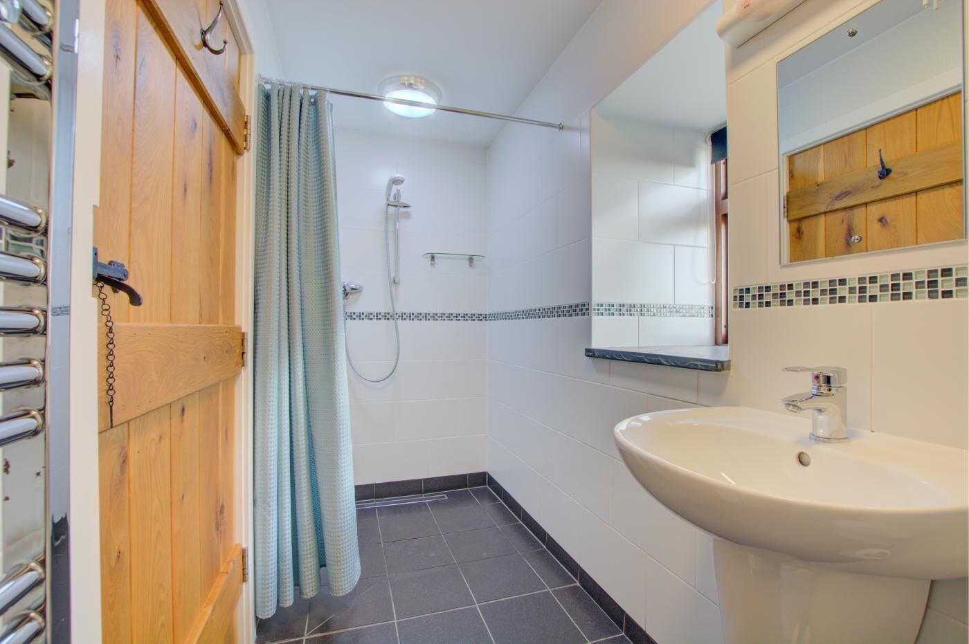 A bathroom with a shower, a sink, and a wooden door.