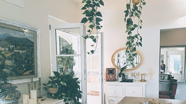 Une cuisine avec une table en bois, des placards blancs, une plante suspendue, un miroir et une pancarte sur laquelle est écrit « Bienvenue à la maison ».