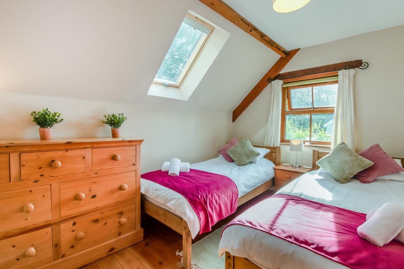 Un dormitorio con dos camas, cómoda de madera, plantas en macetas y un tragaluz.