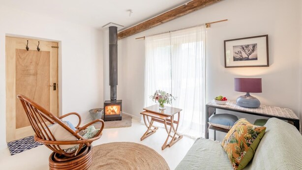 Een knusse woonkamer met een houtkachel, een rieten fauteuil, een klein tafeltje met een vaas, en een bank met een sierkussen.