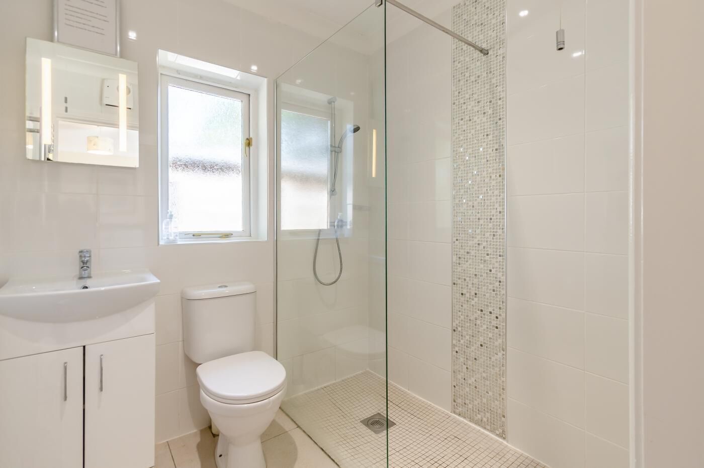 A modern bathroom with a glass-enclosed shower, a white sink, and a toilet.