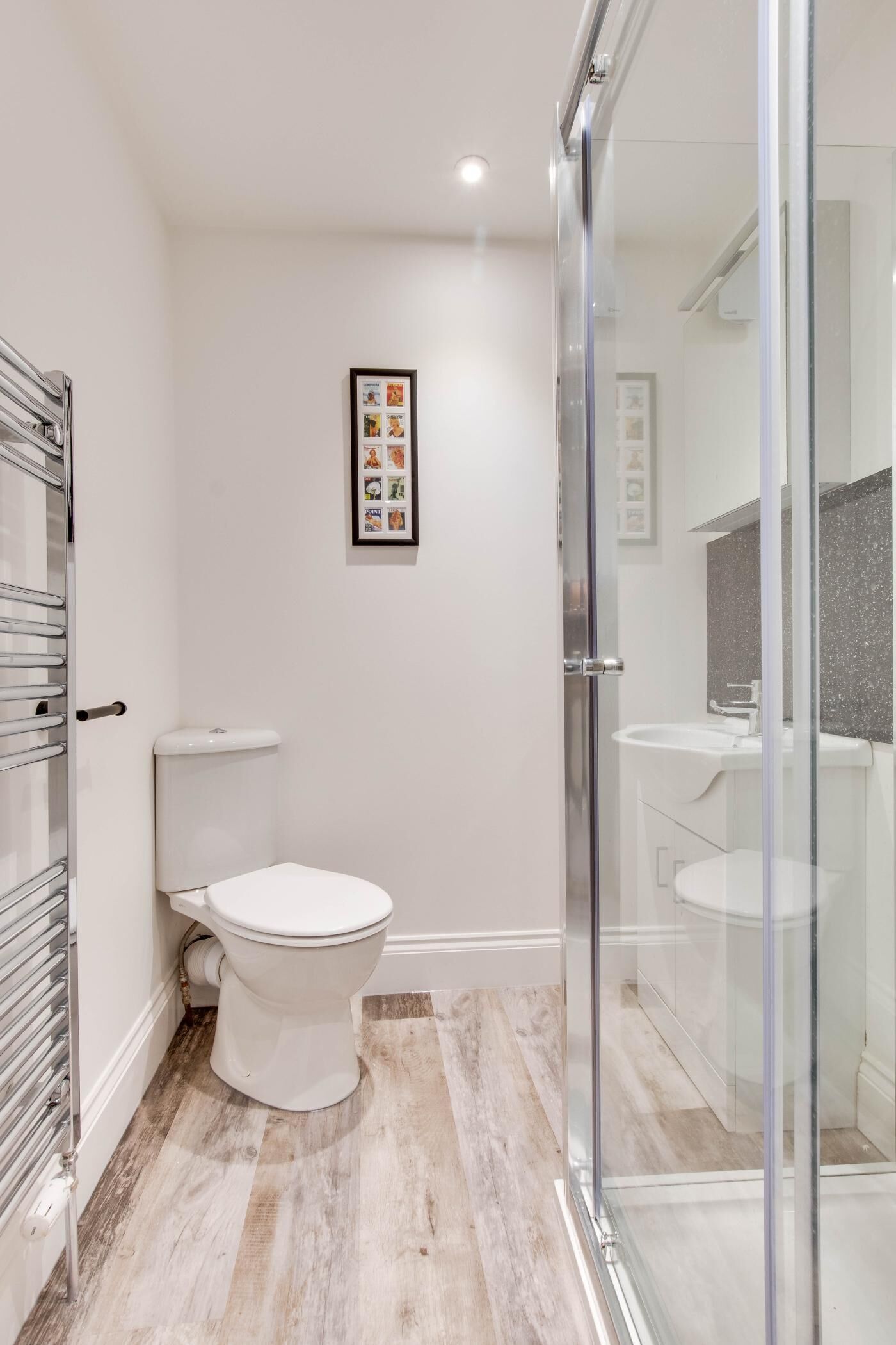 A modern bathroom with a toilet, shower, and glass-enclosed shower area.