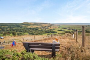 Un banc donnant sur un paysage rural, avec des collines ondoyantes et une clôture au premier plan.