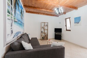 A living room with a wooden ceiling, a grey sofa, a TV, and a bookshelf.