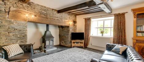 A cozy living room with a stone wall, a fireplace, leather sofas, and a bookshelf.