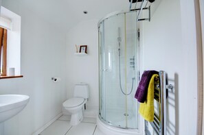 Een moderne badkamer met een douche met glazen wand, een wit toilet en een wastafel.