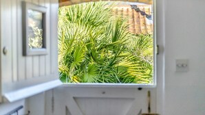 A view through a window with a white frame, revealing a lush green plant outside. - 1 Bed in Stiffkey (oc-1642) (Stiffkey)