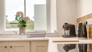 Una cocina con ventana, un lavamanos, una cafetera y una planta en maceta.
