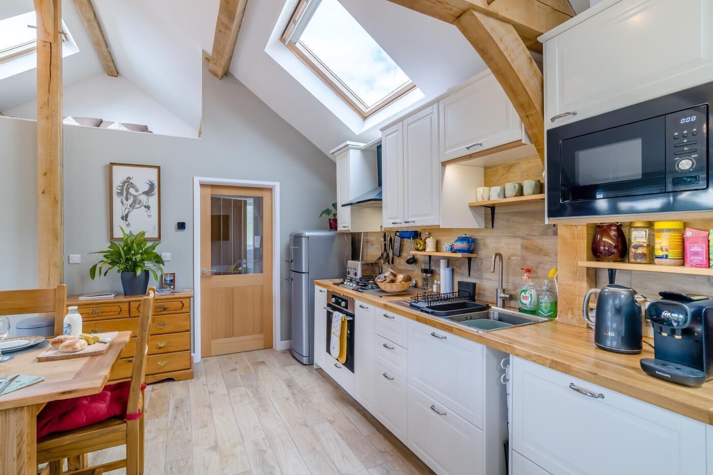 Microwave, oven, cookware/dishes/utensils