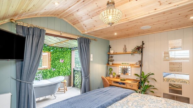 A bedroom with a bed, a vanity with a mirror, and a bathtub. - 1 Bed in Horton (oc-b32802) (Horton)