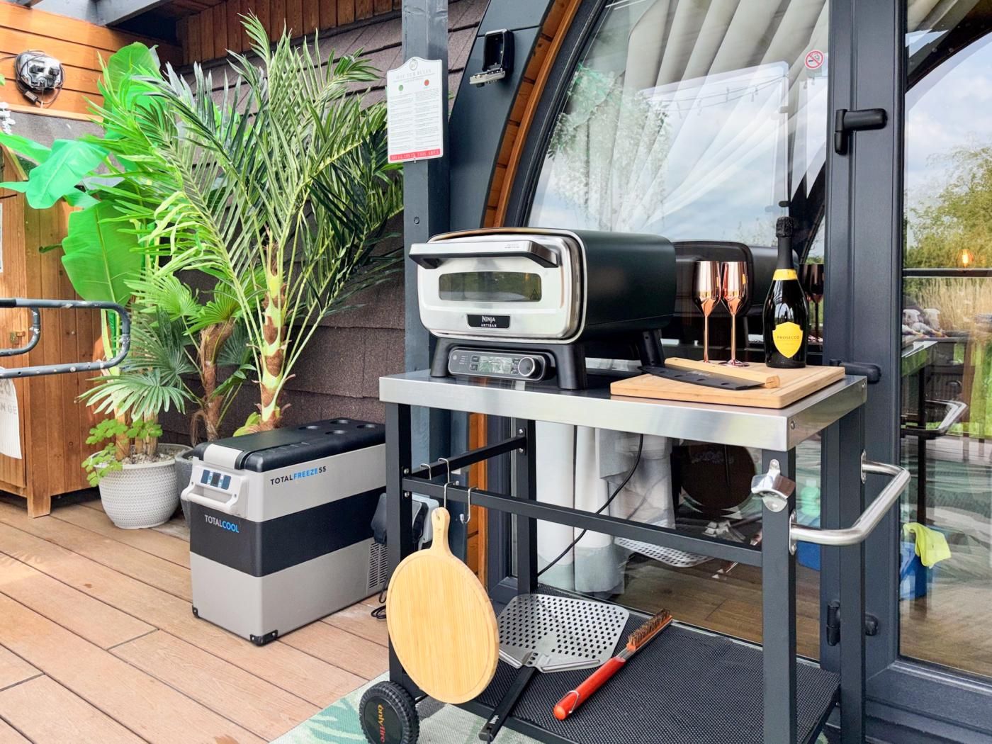A patio area with a grill, a microwave, a portable cooler, and a potted plant.
