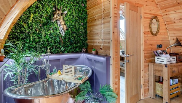 A wooden interior with a bathtub, a green wall with plants, and a door leading to another room.