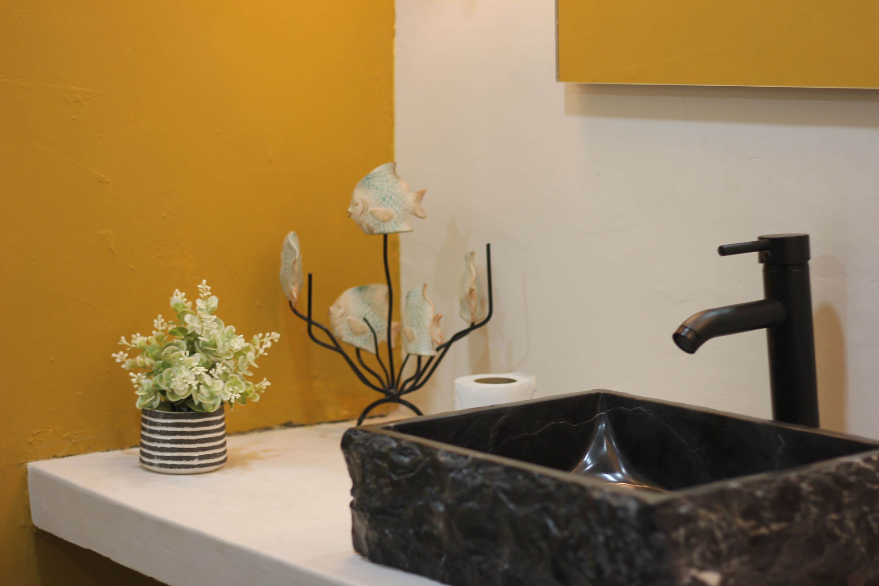 A bathroom with a black sink, a striped plant, and a roll of toilet paper on a white shelf.