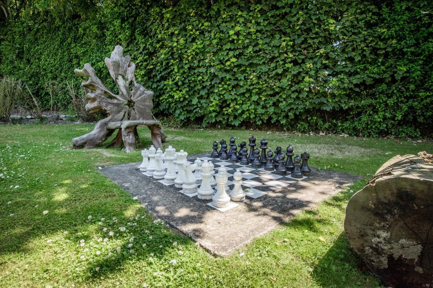 Un jeu d’échecs installé en plein air, avec un grand tronc d’arbre et une haie en arrière-plan.