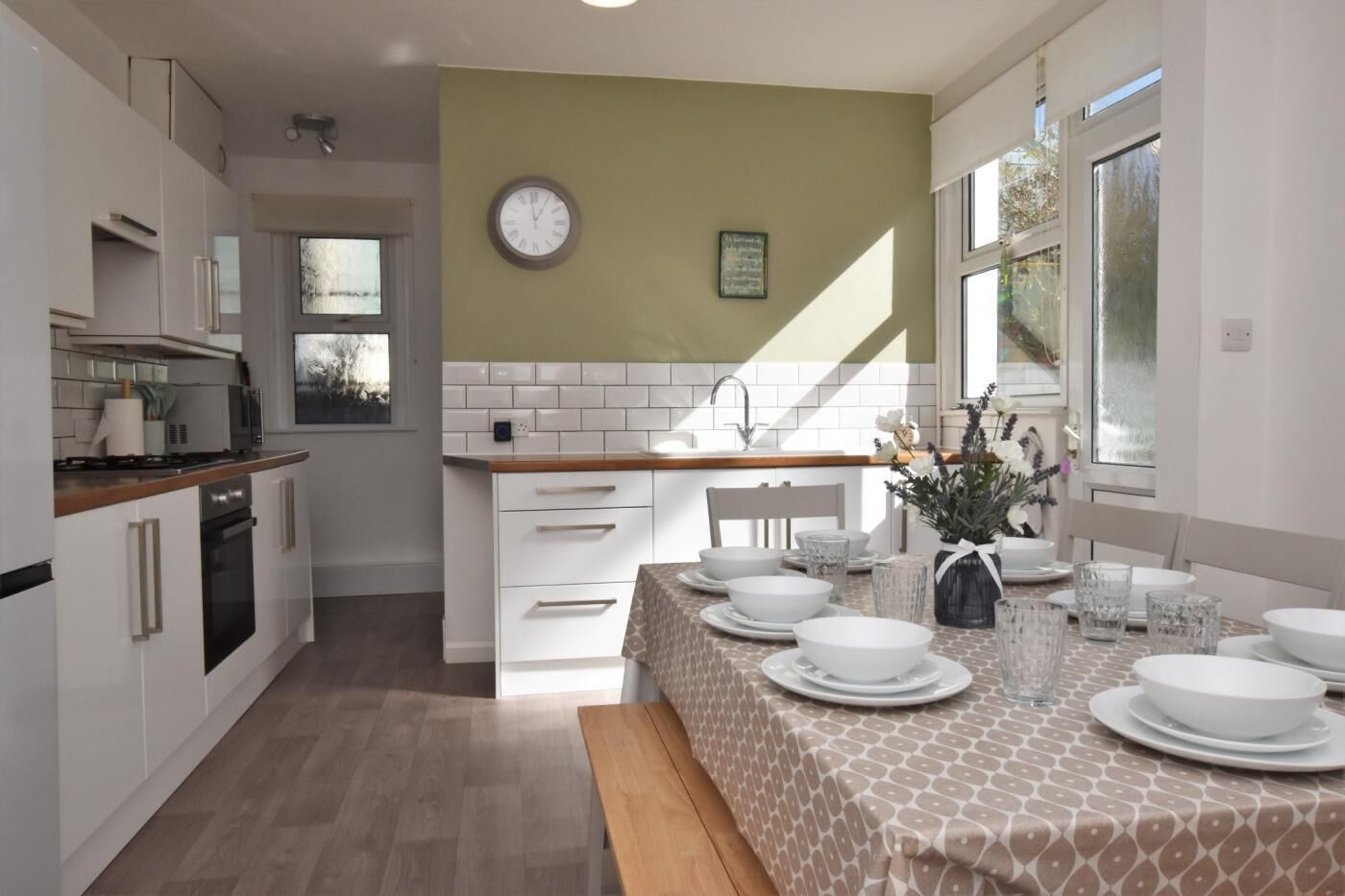 Microwave, oven, dishwasher, high chair