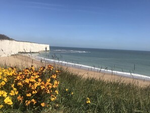 Eine Küstenlandschaft mit Sandstrand, Wellen und einer weißen Wand im Hintergrund.