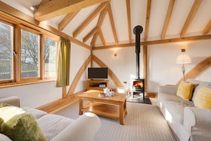 A cozy living room with a wooden ceiling, a fireplace, a television, and a sofa.
