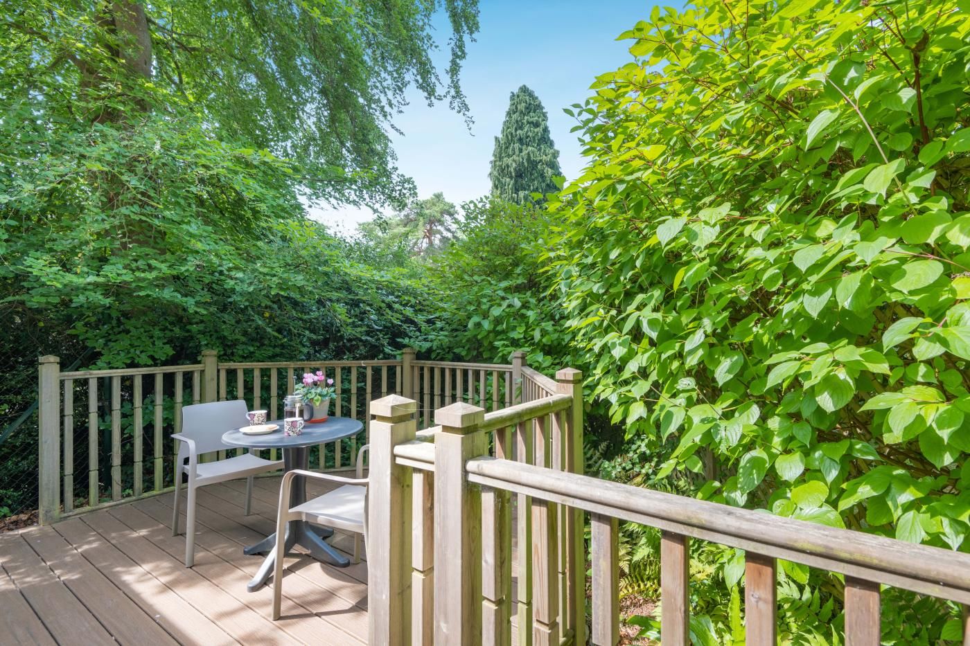 A wooden deck with a table and chairs, surrounded by lush greenery and a wooden fence.