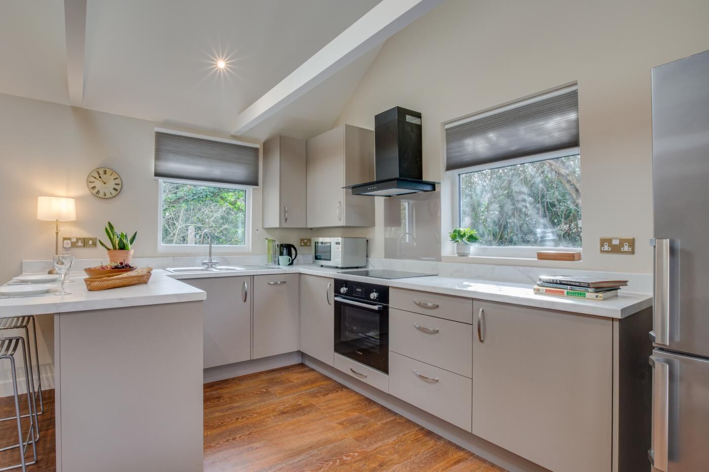 Een microgolfoven, een oven, kookgerei, borden en bestek