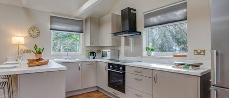 Een microgolfoven, een oven, kookgerei, borden en bestek