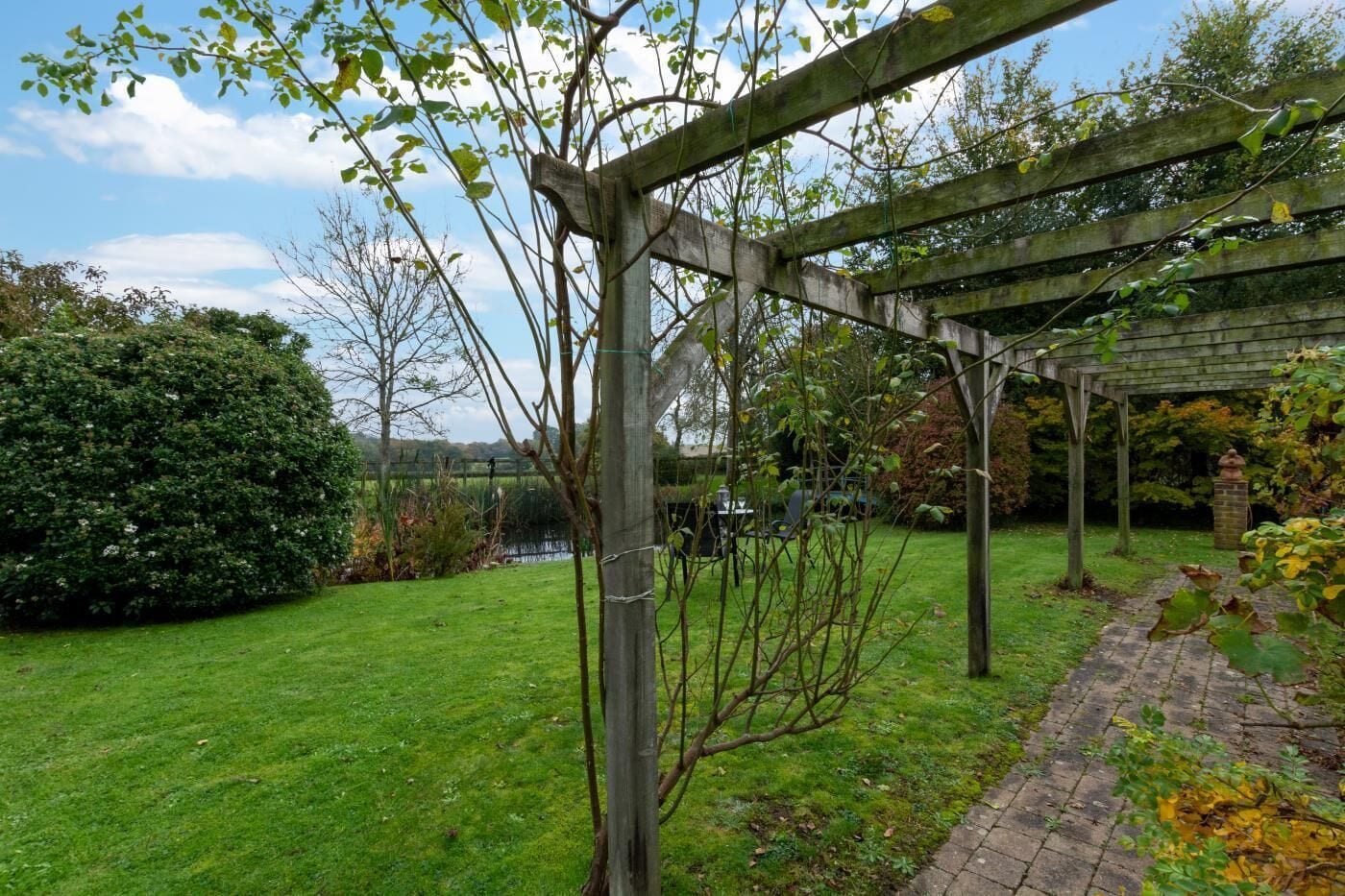 A garden with a wooden pergola, a hedge, and a brick pathway.