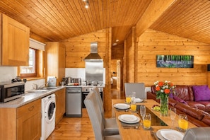 A cabin interior with a kitchen, dining area, and living room.
