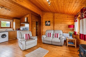 A log cabin interior with a kitchen, two sofas, a washing machine, and a fireplace. - 1 Bed in Llandinam (oc-t33065) (Llandinam)