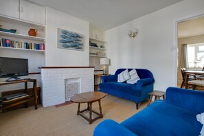 Un salon avec une cheminée, des canapés bleus, un téléviseur et des étagères à livres.